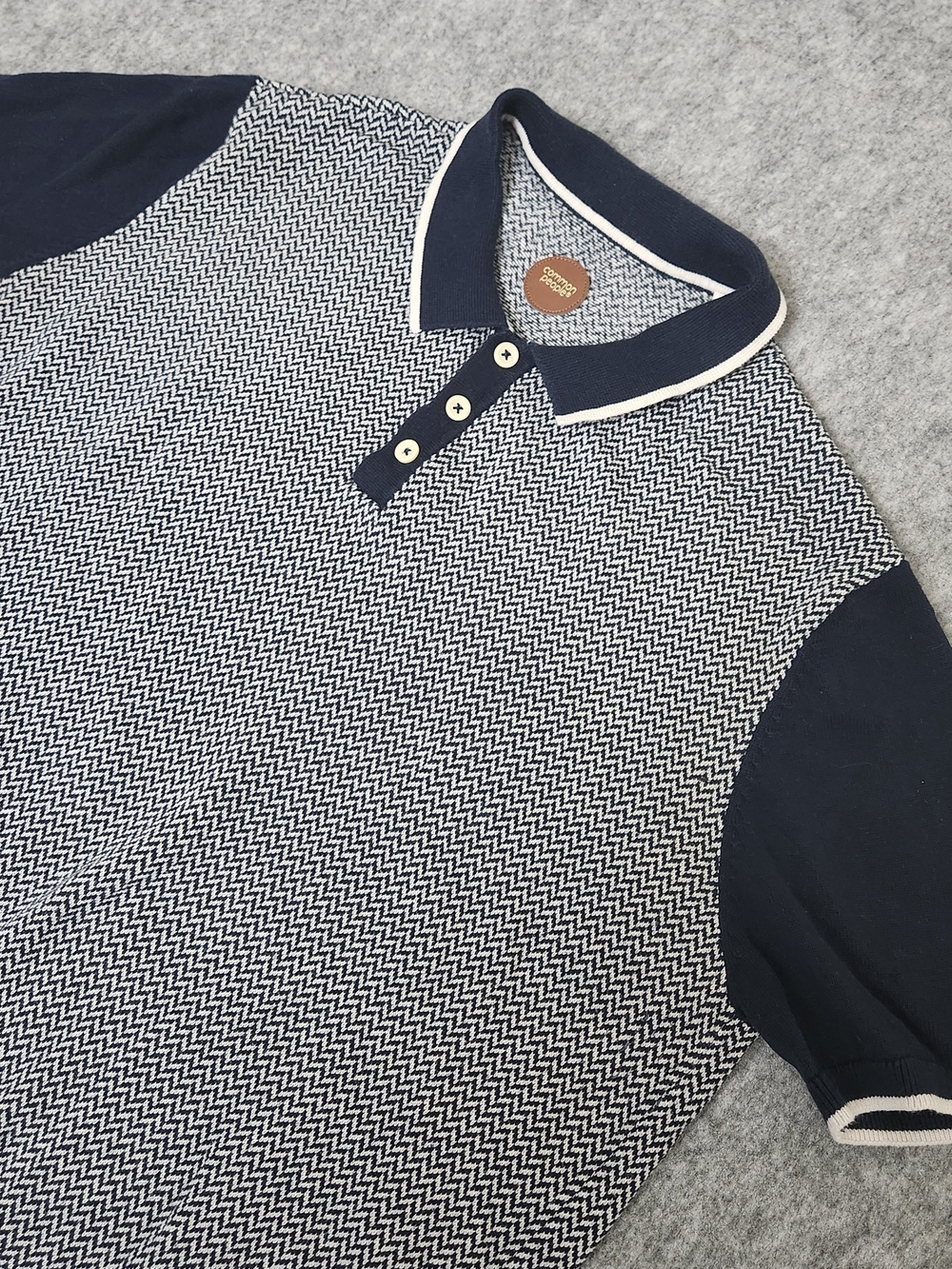 Common People Knit Chevron Polo Shirt Men's XL Navy Blue Cotton Preppy Sport Y2K